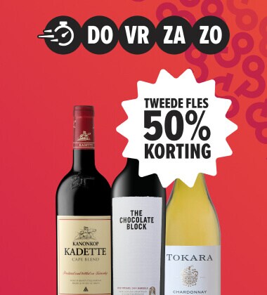 Zuid afrikaanse wijn weekenddeal. Alleen dit weekend tweede fles 50% korting